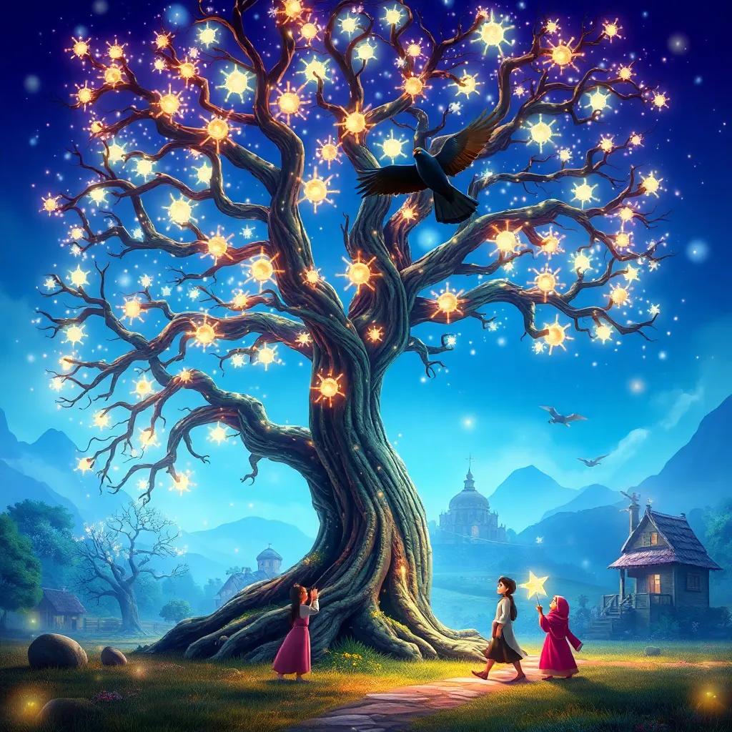 The magical tree with its branches filled with sparkling lights, protecting the village from the dark bird, as Noor and friends cheer, heartwarming scene, rich colors, uplifting imagery