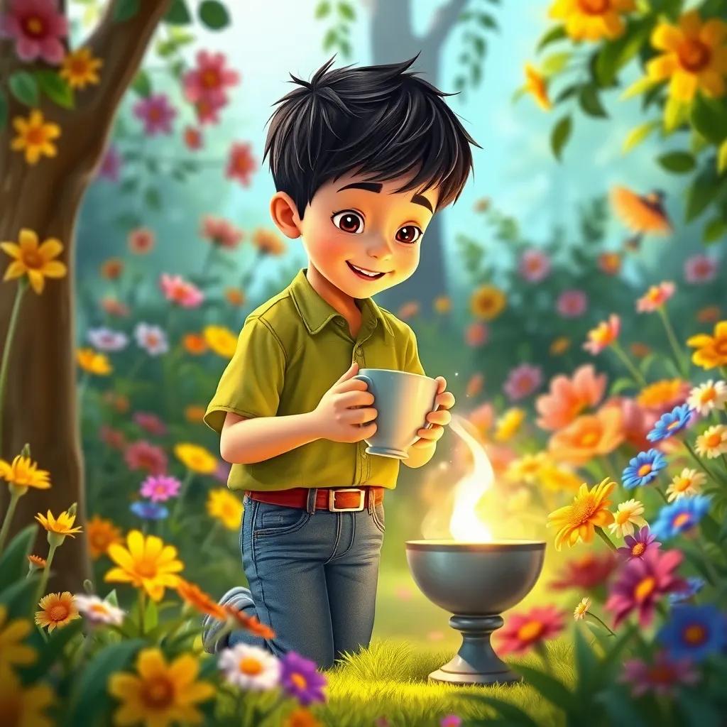 A young boy named Sami, with short black hair, wearing a green shirt and blue jeans, discovering a magical cup in his garden surrounded by colorful flowers, whimsical and vibrant illustration, bright colors, enchanting atmosphere, child-friendly