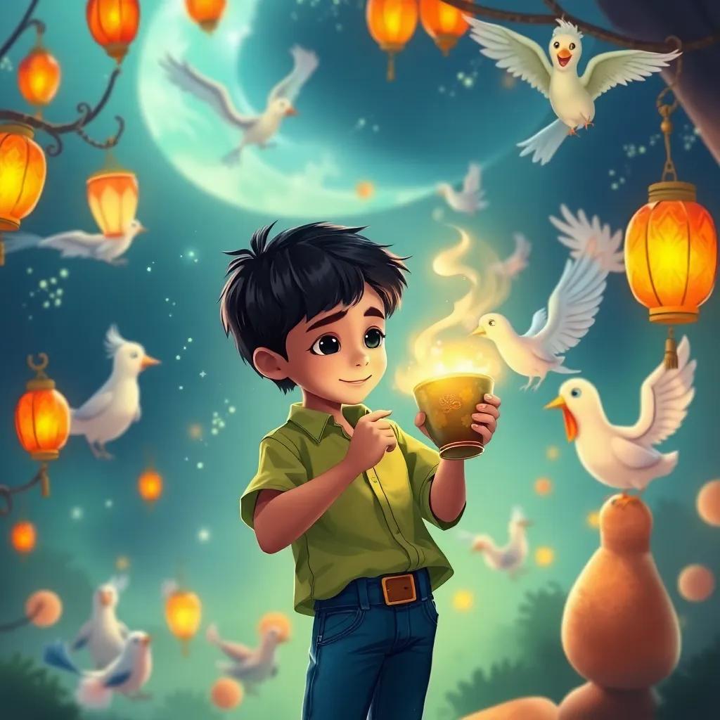 Sami, a young boy with short black hair, wearing a green shirt and blue jeans, drinking from the magical cup, magical creatures like talking lanterns and dancing birds around him, fantasy illustration, rich colors, captivating scene, joyful mood