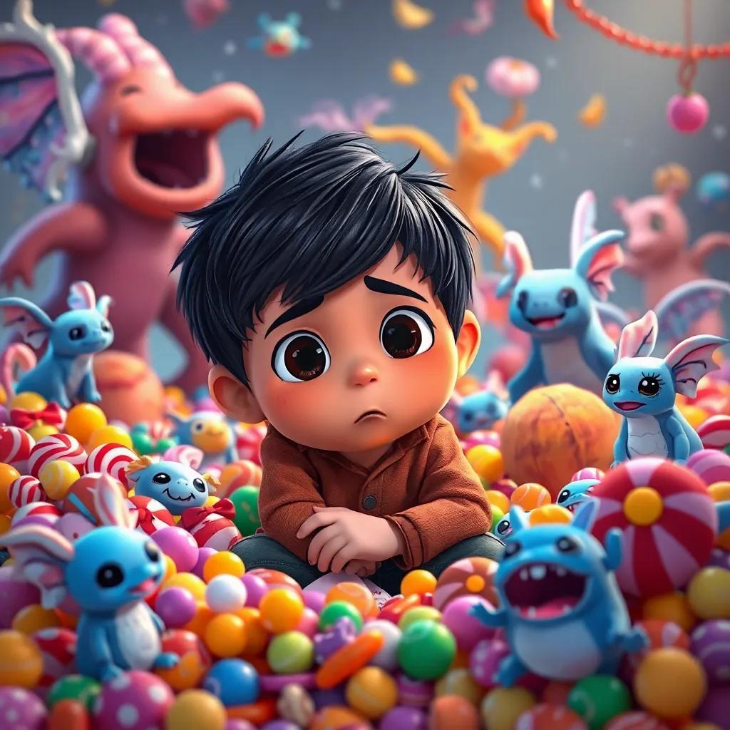 Sami, a young boy with short black hair, looking bored as he sits amidst heaps of candy and strange magical creatures that no longer amuse him, cartoonish style, playful colors, whimsical perspective, relatable emotion