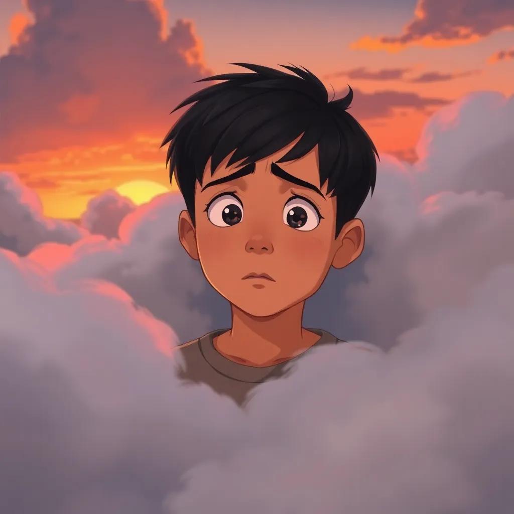 Sami, a young boy with short black hair, caught in thick clouds, looking worried and thoughtful, with a sunset backdrop, dreamy illustration, warm colors, reflective tone, engaging composition
