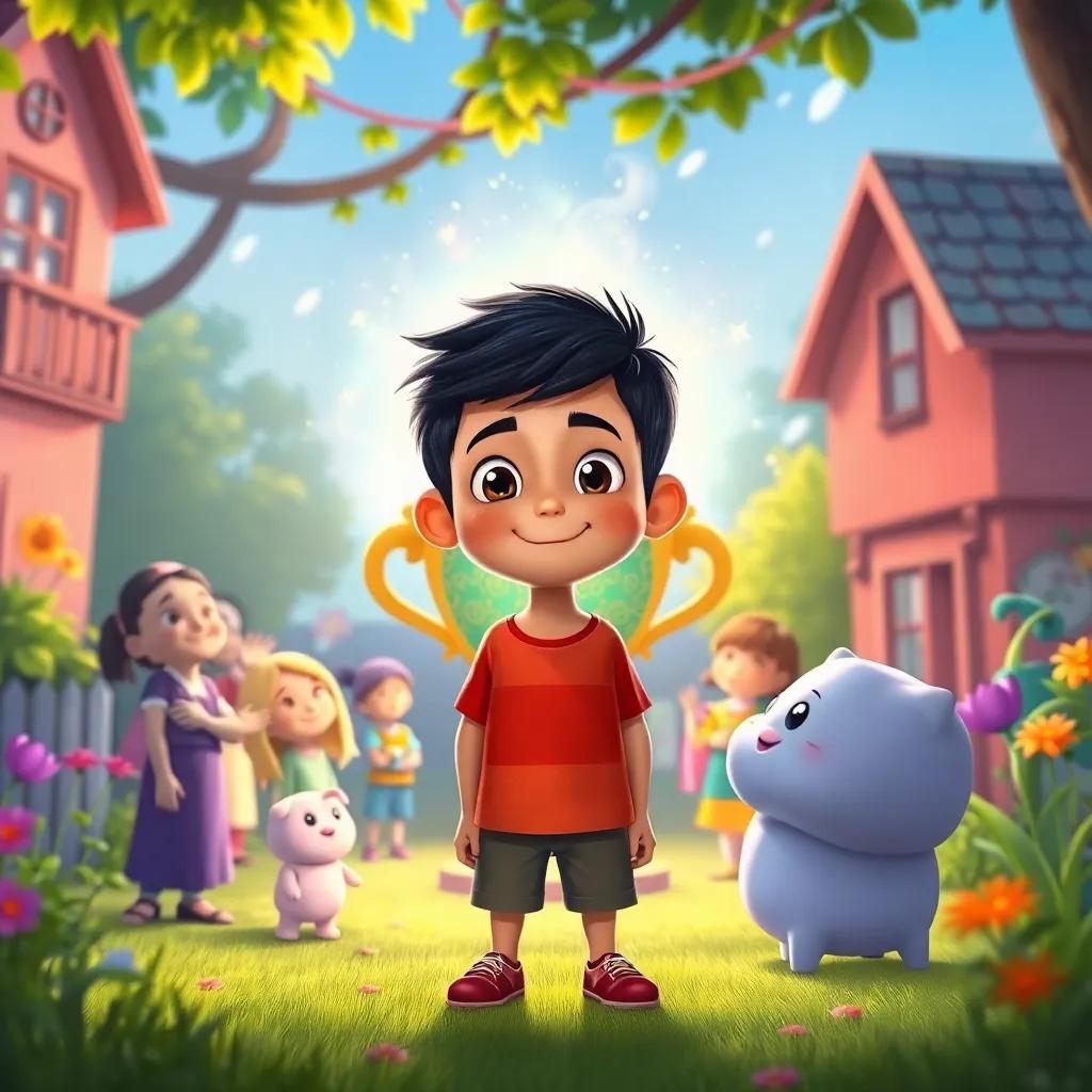 Sami, a young boy with short black hair, standing in front of the magical cup in his garden, with happy friends and neighbors around him, colorful and lively atmosphere, heartwarming illustration, bright and cheerful, uplifting feel