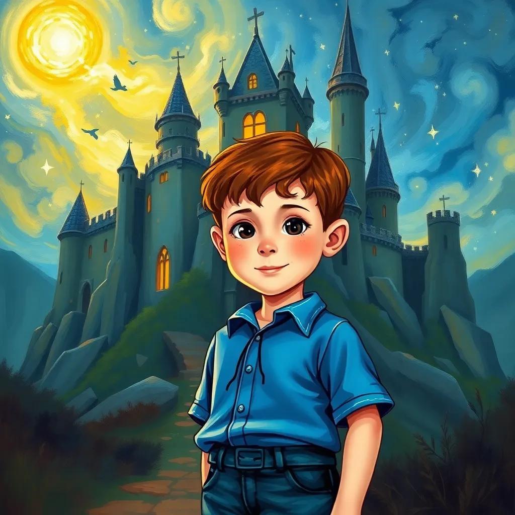 A young boy, Louis, with short brown hair wearing a bright blue shirt and jeans, standing in front of a mysterious cursed castle, a shimmering light around it, magical atmosphere, illustration, vibrant colors, inviting and enchanting, high quality