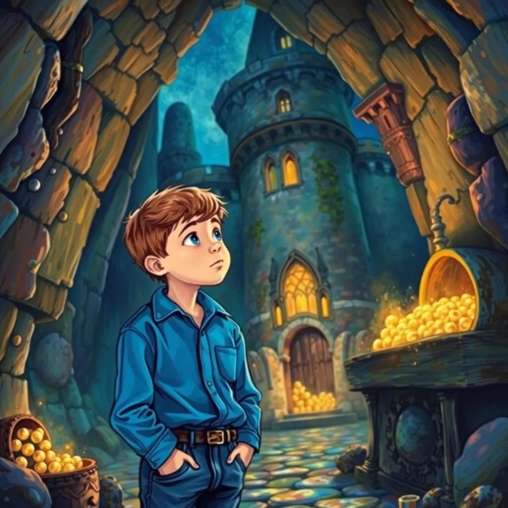 Inside the cursed castle, Louis, a young boy with short brown hair in a blue shirt and jeans, looking astonished at treasures sparkling in the dim light, detailed illustration, magical surroundings, captivating colors, storytelling view, high quality