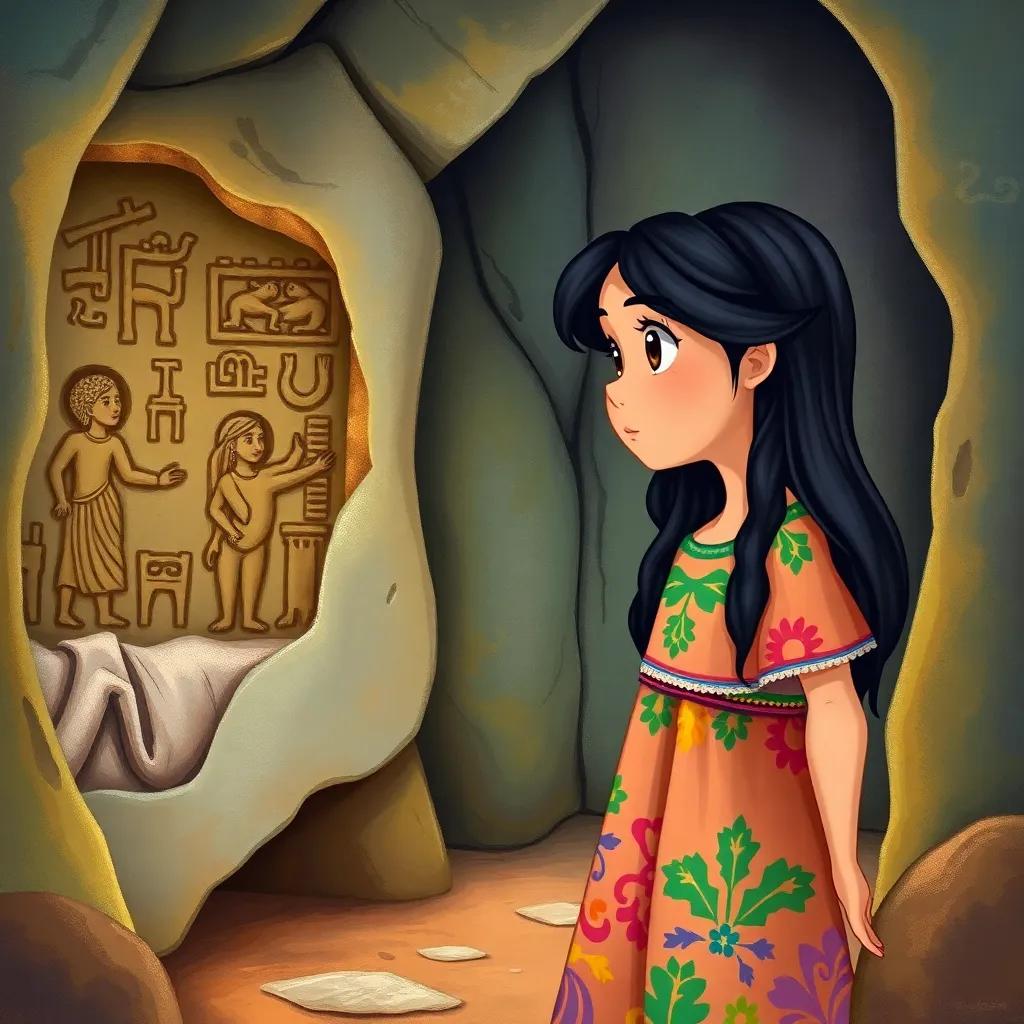 A young Arab girl, Leila, with long black hair in a colorful dress, looking at ancient wall carvings in a secret hideout, amazed expression, illustration, colorful and adventurous, inviting atmosphere, child-friendly