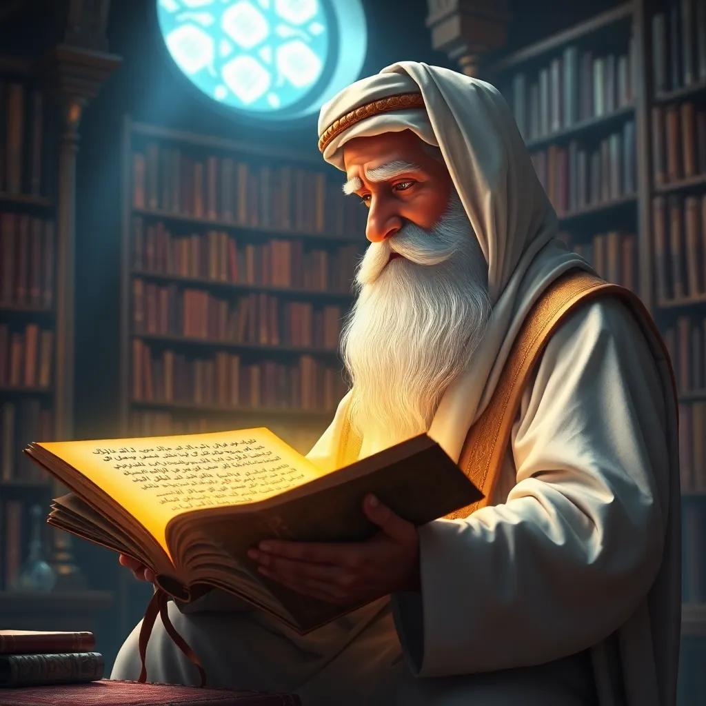 An old manuscript glowing with colorful letters, Zaid the wise man with a long white beard in a traditional white thawb, intently reading the manuscript in the library, magical light illuminating the scene, realistic style, vibrant colors, enchanting