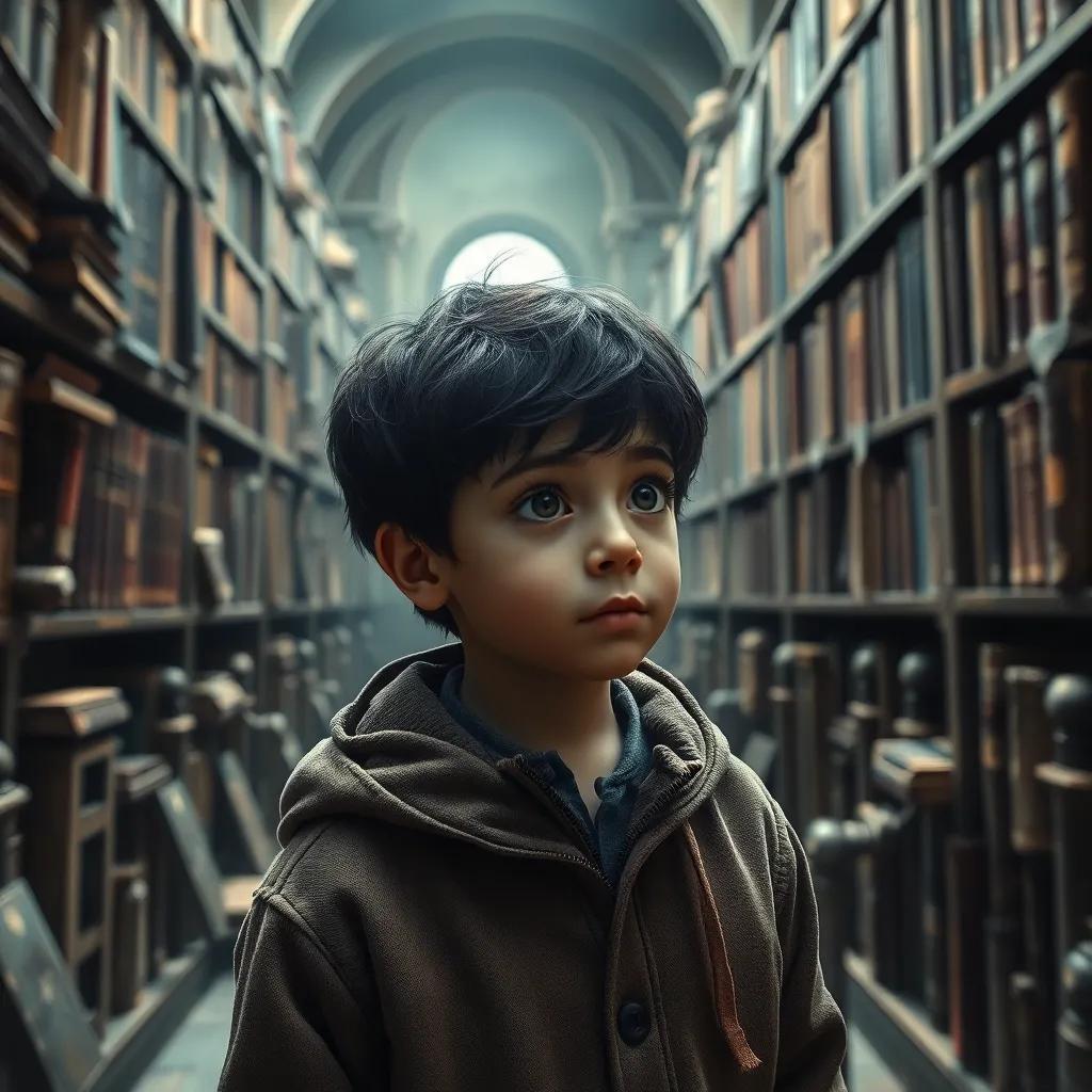 A curious young boy, يوسف, with dark hair, wearing a warm jacket, entering an old dusty library filled with ancient books under a gloomy atmosphere, digital art, eerie light, muted colors, mysterious ambiance, high quality