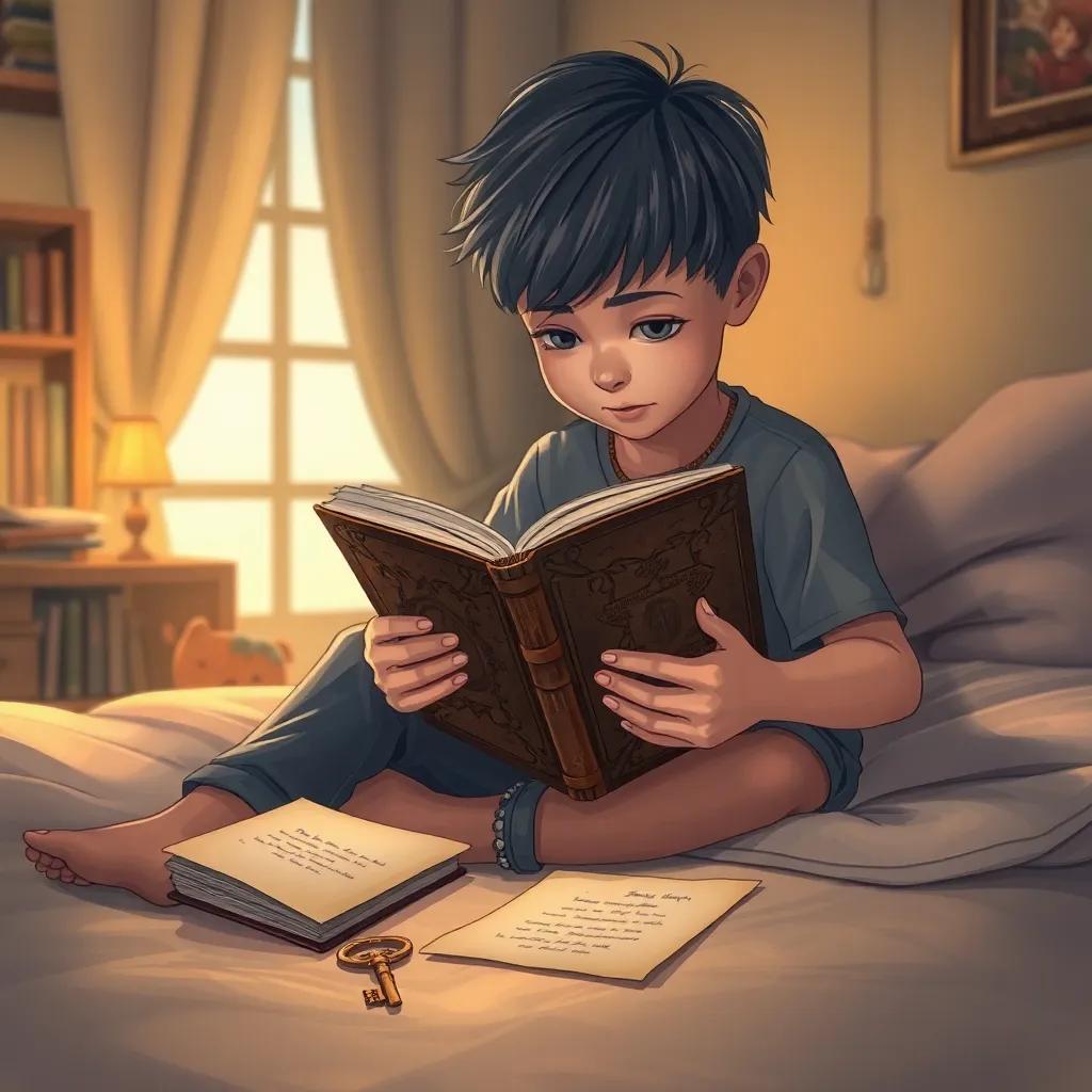 A boy, يوسف, sitting on his bed at home, opening an ancient book with a vintage leather cover, dropping a mysterious key and letter on the floor, illustration, warm light, inviting atmosphere, child-friendly
