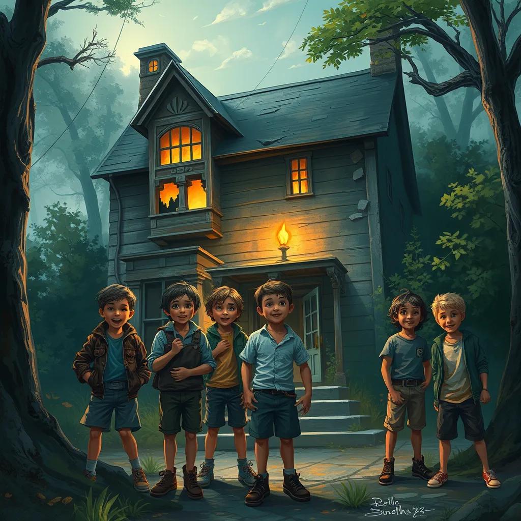 A group of boys, excited and curious, standing outside an old abandoned house, surrounded by trees, the house has broken windows and an eerie atmosphere, digital art, vibrant colors, adventurous tone, detailed expression, fantasy