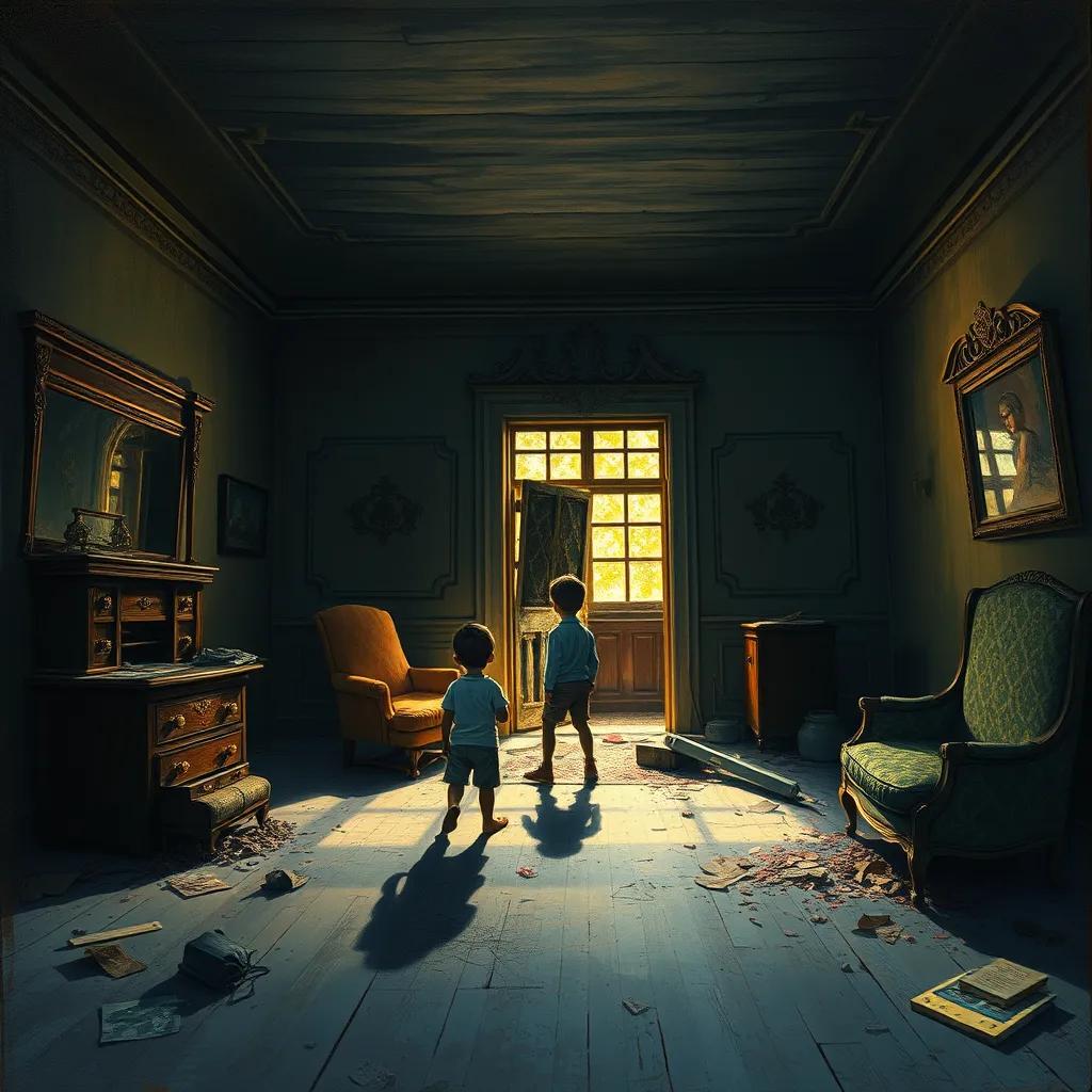 The abandoned house's dim interior with broken furniture and dusty floors, boys peeking inside, shadows dancing across the walls, illustrated scene, mysterious lighting, rich colors, sense of exploration