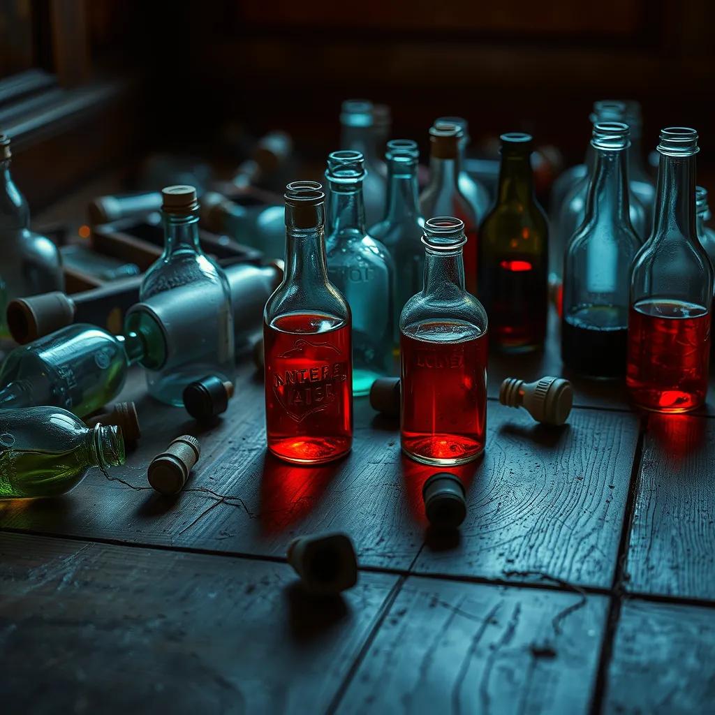 A close-up of old bottles scattered on the wooden floor, some filled with a shiny red liquid, glowing slightly in the dim light, enchanting atmosphere, magical realism, high detail