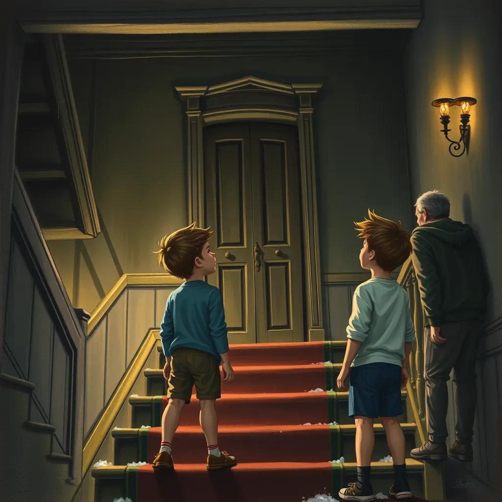 The boys standing frozen at the bottom of the staircase, looking up at a creaky door on the upper floor, nervous expressions, old house ambiance, illustration, suspenseful mood