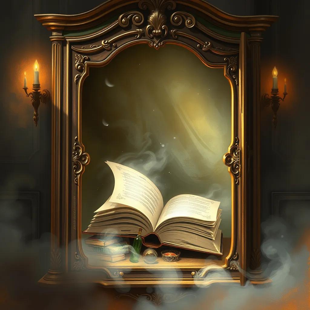 A vintage wardrobe opened, showing an ancient book inside, pages turning lightly as if by magic, soft glowing light surrounding it, scene full of wonder, detailed digital art, whimsical and inviting