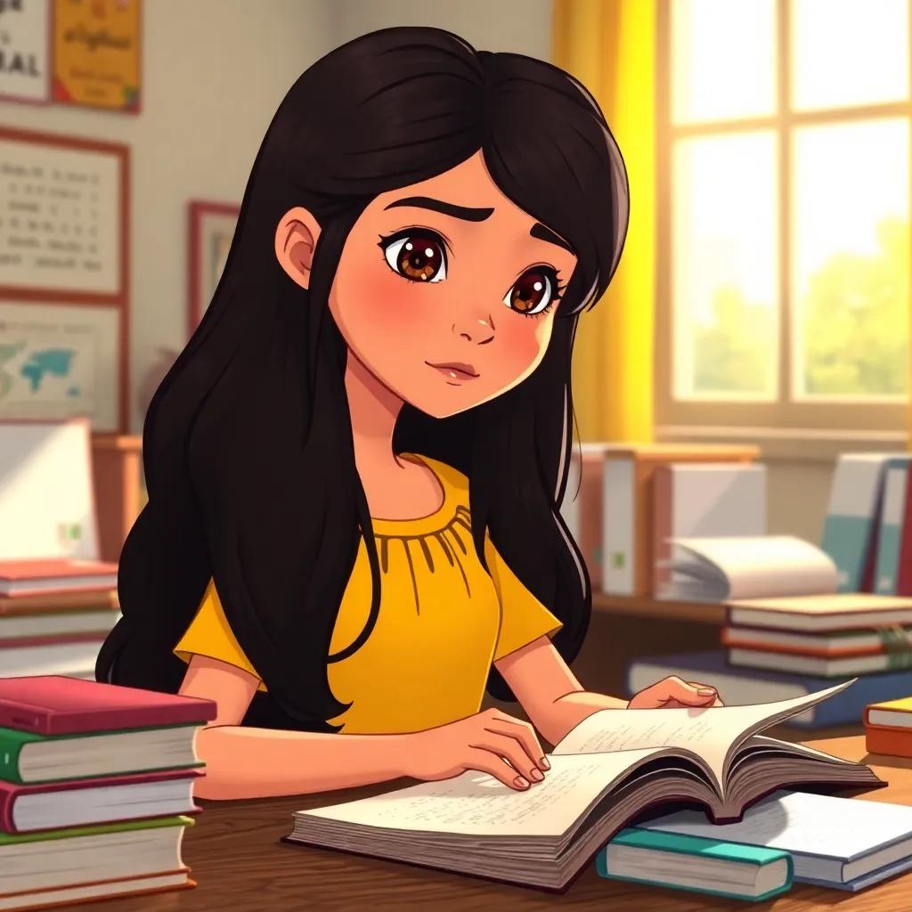 Leila, a young Arab girl, with long, dark hair in a yellow dress, studying at her desk filled with books and school supplies, sunlight streaming through the window, focused and determined face, illustration, warm light, vibrant colors, engaging perspective, high quality