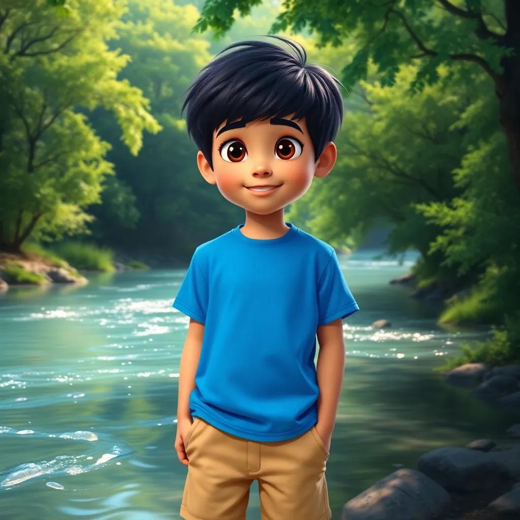 A young Arabic boy, Ali, with short black hair wearing a bright blue shirt and tan shorts, standing by a shimmering river surrounded by lush green trees, digital art, vibrant colors, magical atmosphere, high quality
