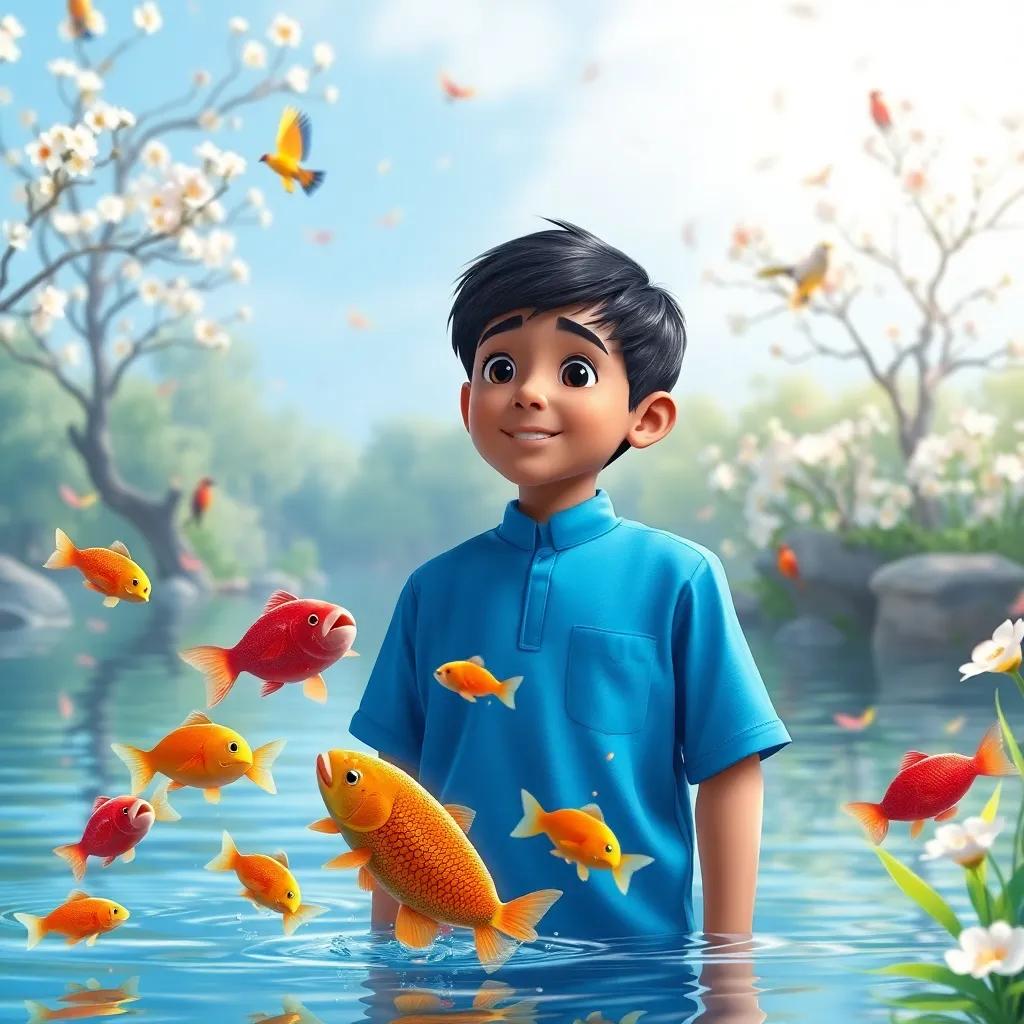 Ali, a young Arabic boy with short black hair in a bright blue shirt, watching colorful fish jumping in the river, surrounded by singing birds and flowering trees, cheerful, enchanting scene, high quality
