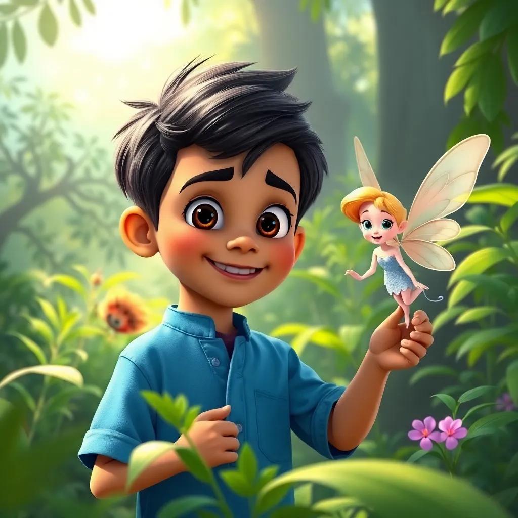 Ali, a young Arabic boy in a bright blue shirt, exploring a lush green forest with Pearl, the fairy, showing him how nature works with animals and plants, adventurous and colorful, high quality