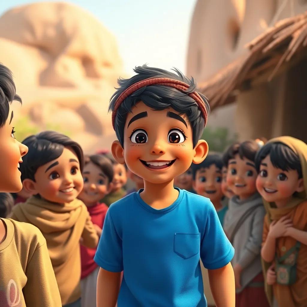 Ali, a young Arabic boy in a bright blue shirt, returning home with a big smile, surrounded by friends telling them about nature's wonders, heartwarming and joyful scene, high quality