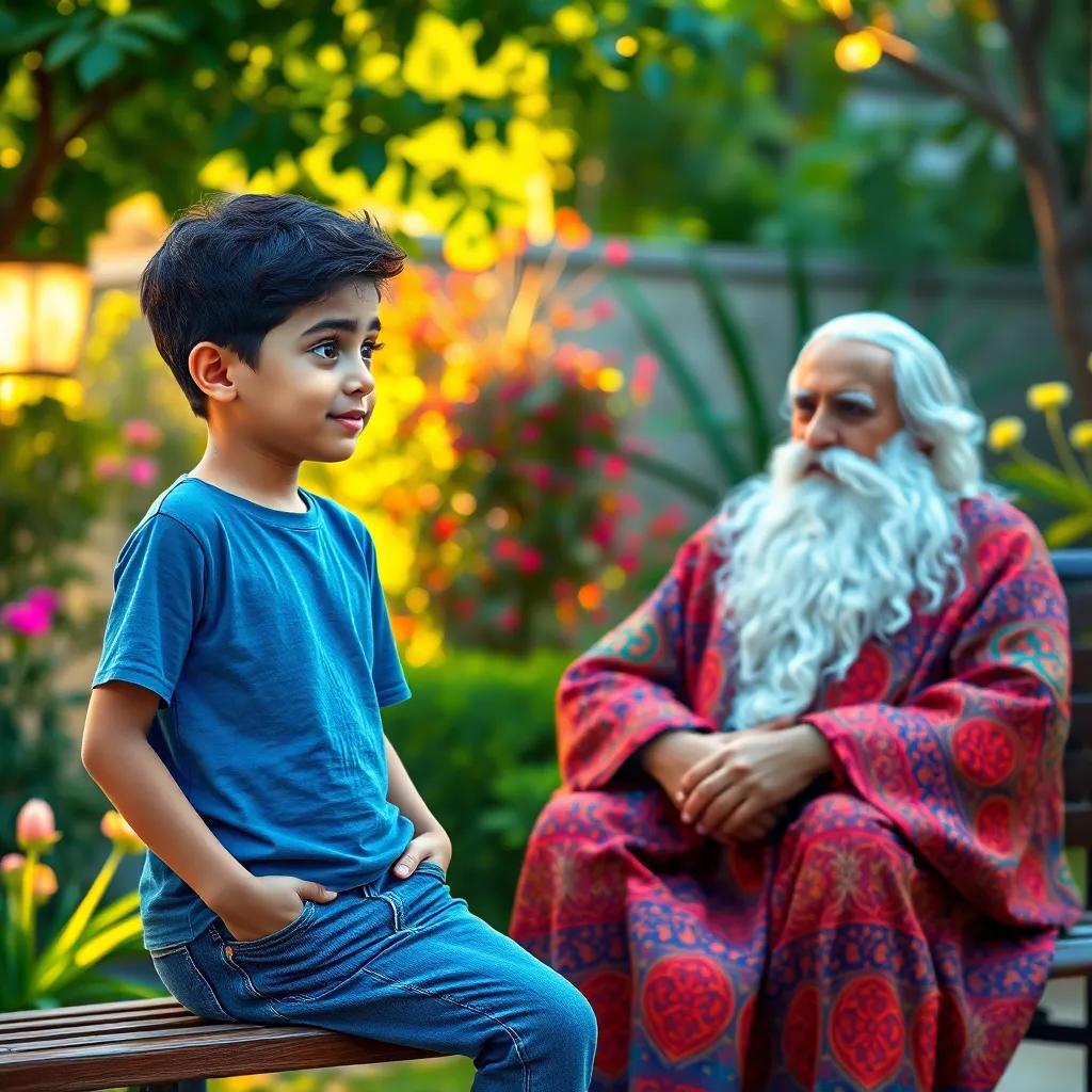 A young Arab boy, Omar, with short black hair wearing a blue t-shirt and jeans, looking curious while talking to an old teacher with a white beard in a colorful robe sitting on a bench in a garden, digital art, cheerful atmosphere, warm light, bright colors, engaging perspective, high quality