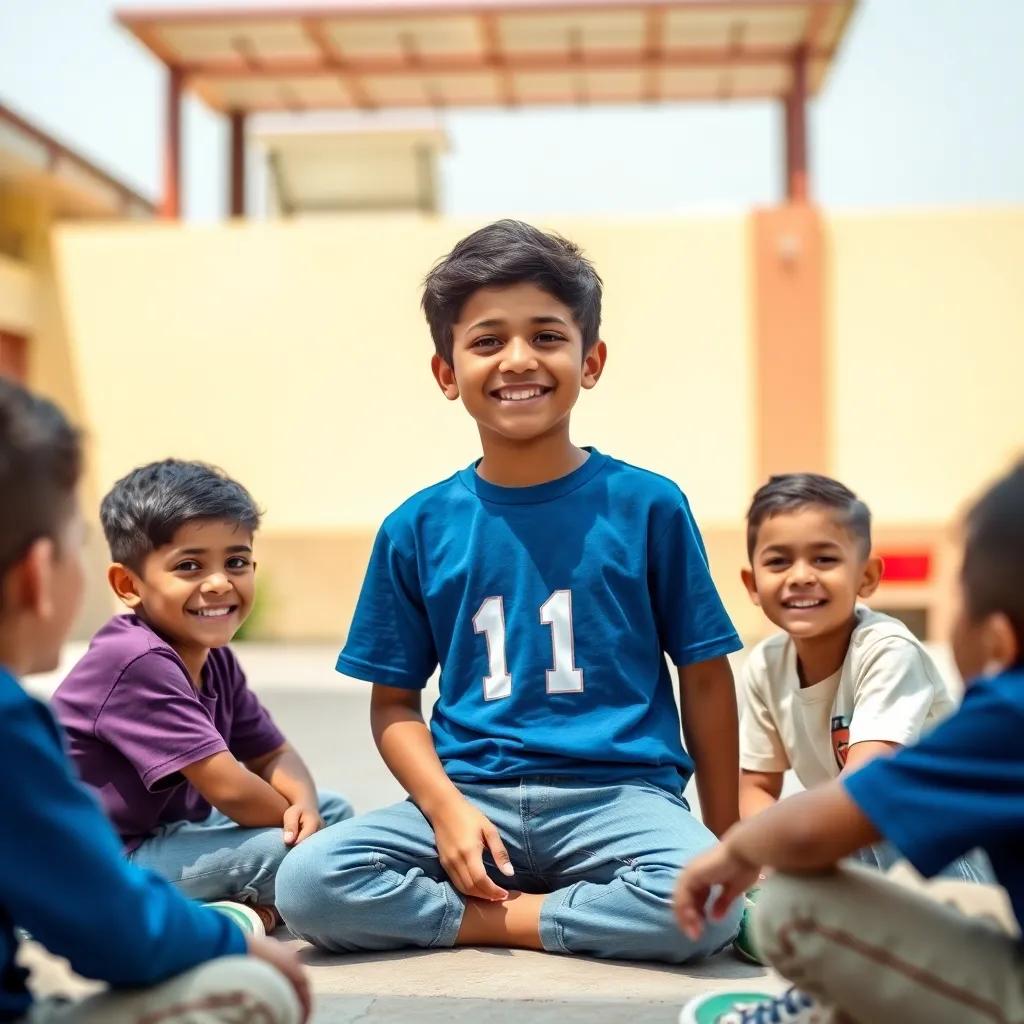 Omar, a young Arab boy with short black hair in a blue t-shirt and jeans, smiling happily as he shares the secret of multiplying by 11 with his friends sitting around him in a schoolyard, bright day, joyful atmosphere, vibrant colors, engaging perspective, high quality