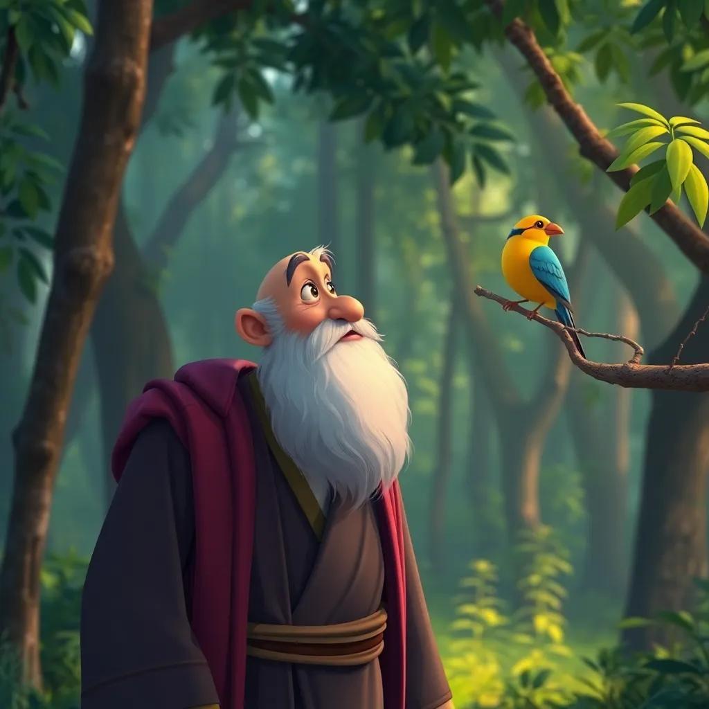 A wise man, older Arab man with a long beard, wearing traditional clothes, walking in a dense forest, listening to a singing bird perched on a branch, vibrant colors, cheerful atmosphere, high quality