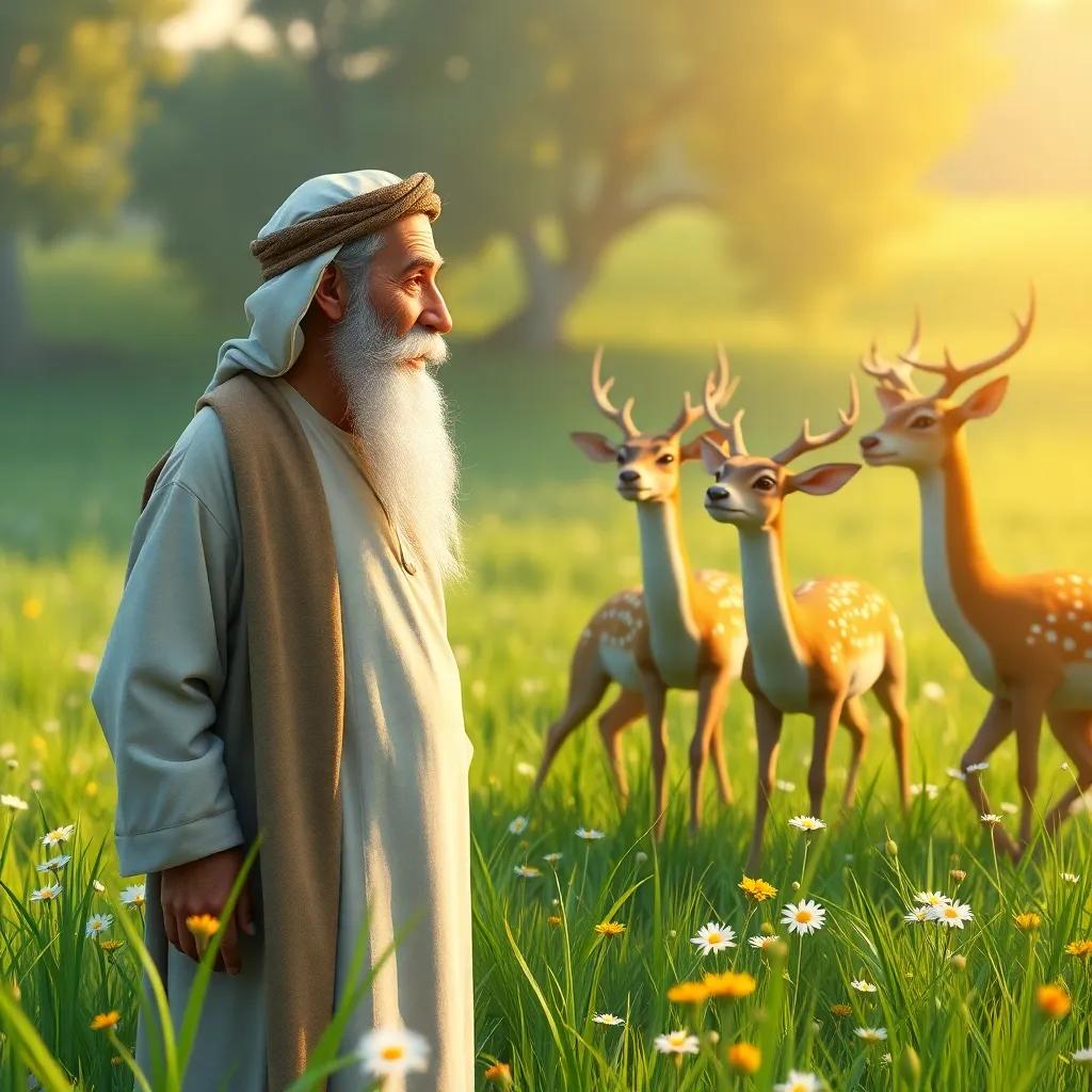 An older Arab man, with a long beard in traditional clothes, observing a group of deer happily dancing in a meadow, surrounded by green grass and flowers, joyful scene, warm light, nature theme, high quality