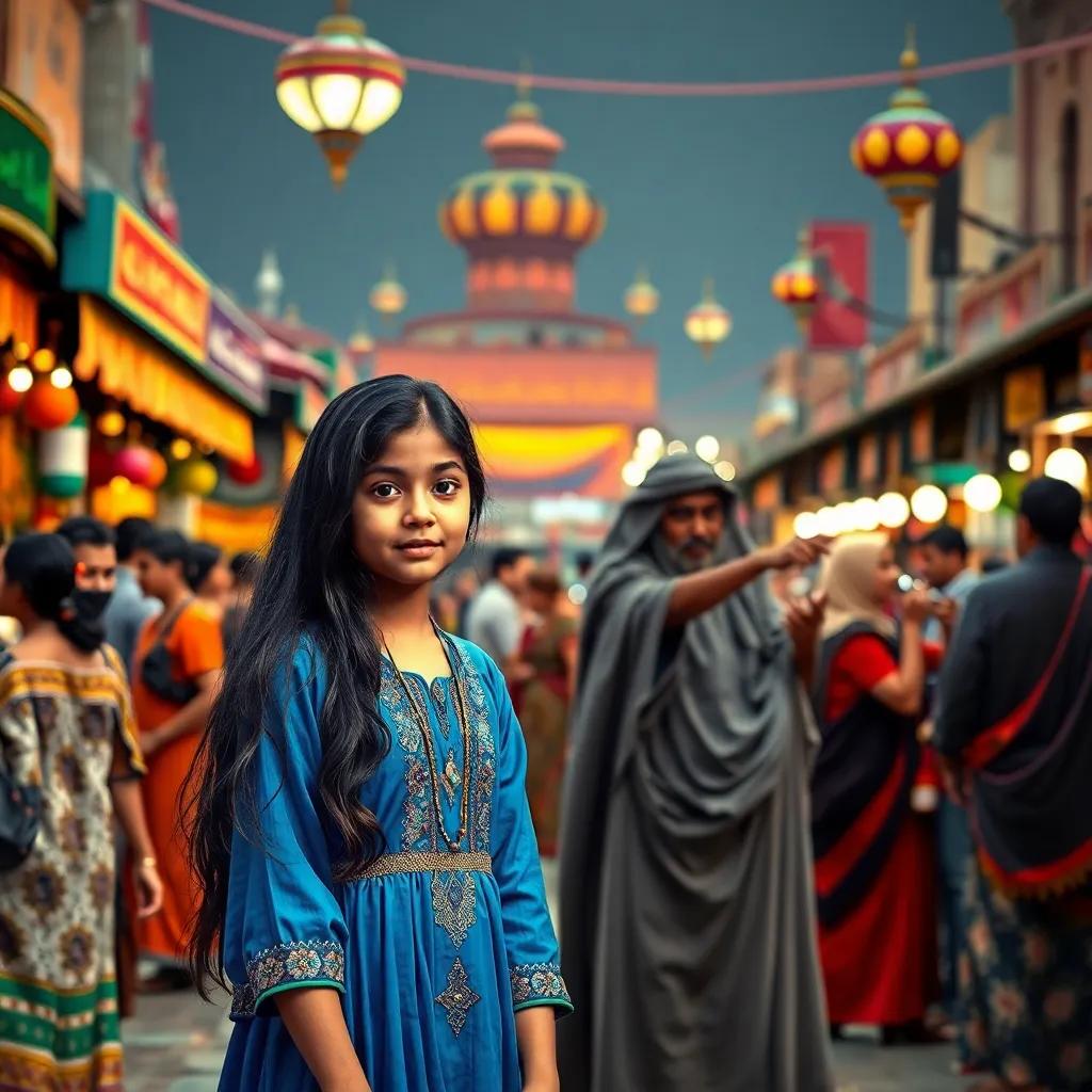 A vibrant scene in Jemaa el-Fna, with colorful stalls and lively people. In the foreground, a girl named Salma, with long dark hair and wearing a blue traditional dress, stands confidently next to a tall young man named Karim, dressed in a gray jalaba. The background features musicians and storytellers engaging the crowd, digital art, lively atmosphere, rich colors, detailed, high quality.