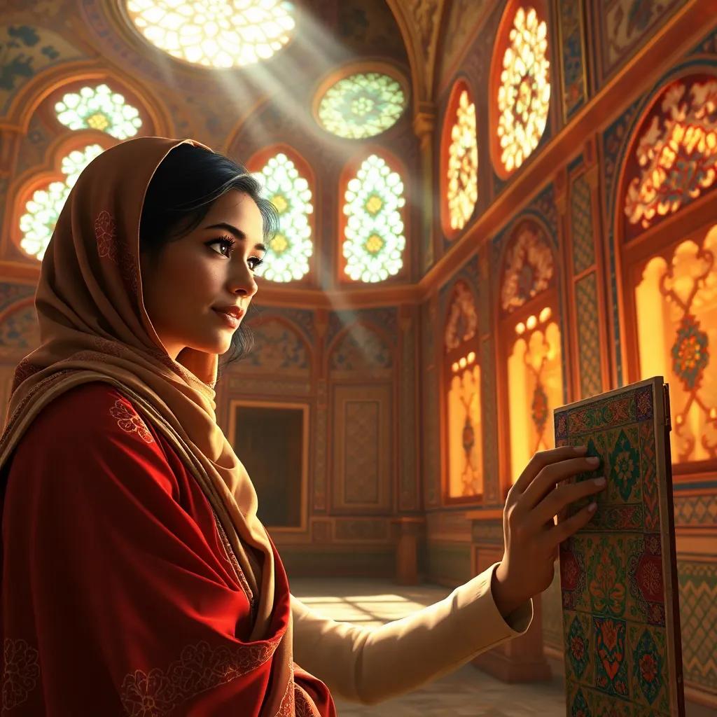 Inside the beautiful Badia Palace, Salma and Karim explore the intricate patterns and bright colors that adorn the walls. Salma, with her deep eyes sparkling, admires a colorful tile, while Karim shows excitement. Sunlight streams through decorative windows, creating a magical ambiance, digital painting, realistic, warm tones, inviting