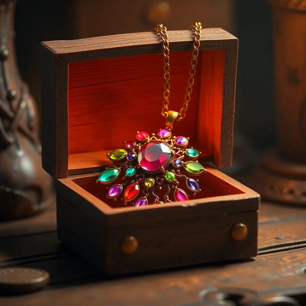 A beautiful ancient necklace with shiny gemstones in vibrant colors, sitting inside an old wooden box, with a gentle golden light surrounding it, highlighting its magical allure, digital art, whimsical and enchanting atmosphere, high quality