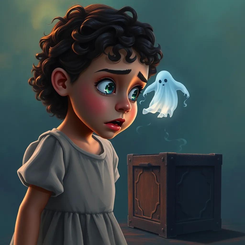 A frightened young girl, Maryam, with curly hair and wearing a simple dress, looking at a mysterious ghost floating near an ancient box, with colors and lighting that convey a sense of danger and mystery, digital painting, captivating and visual storytelling, high quality