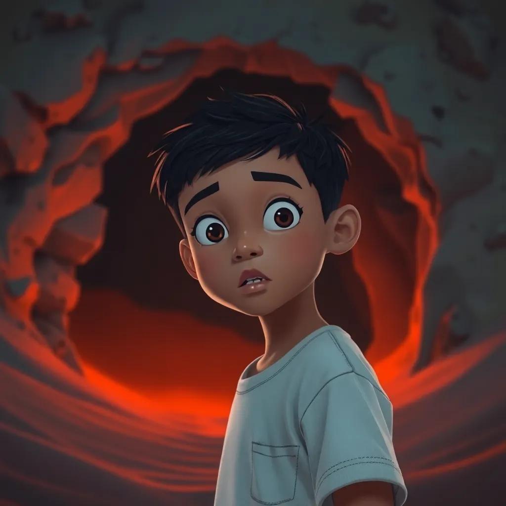 A young inquisitive boy, Zahir, with short black hair, wearing a simple white shirt, looking surprised while standing at the entrance of a dark cave surrounded by sand dunes, digital art, atmospheric, warm colors, adventurous vibe, high quality