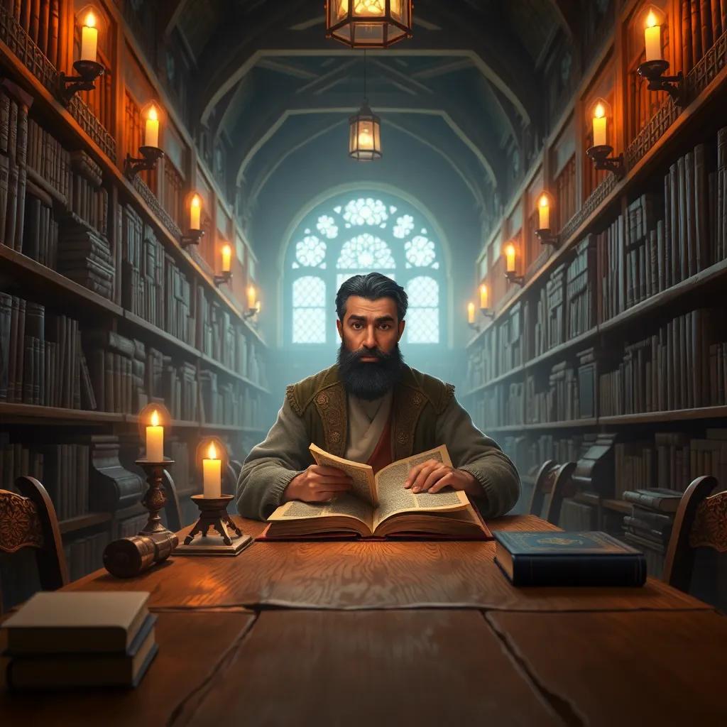 Zaid, the old library guardian, reading an ancient manuscript at a wooden table inside a large library, surrounded by books, soft glow from candlelight, intricate details, engaging perspective, high quality