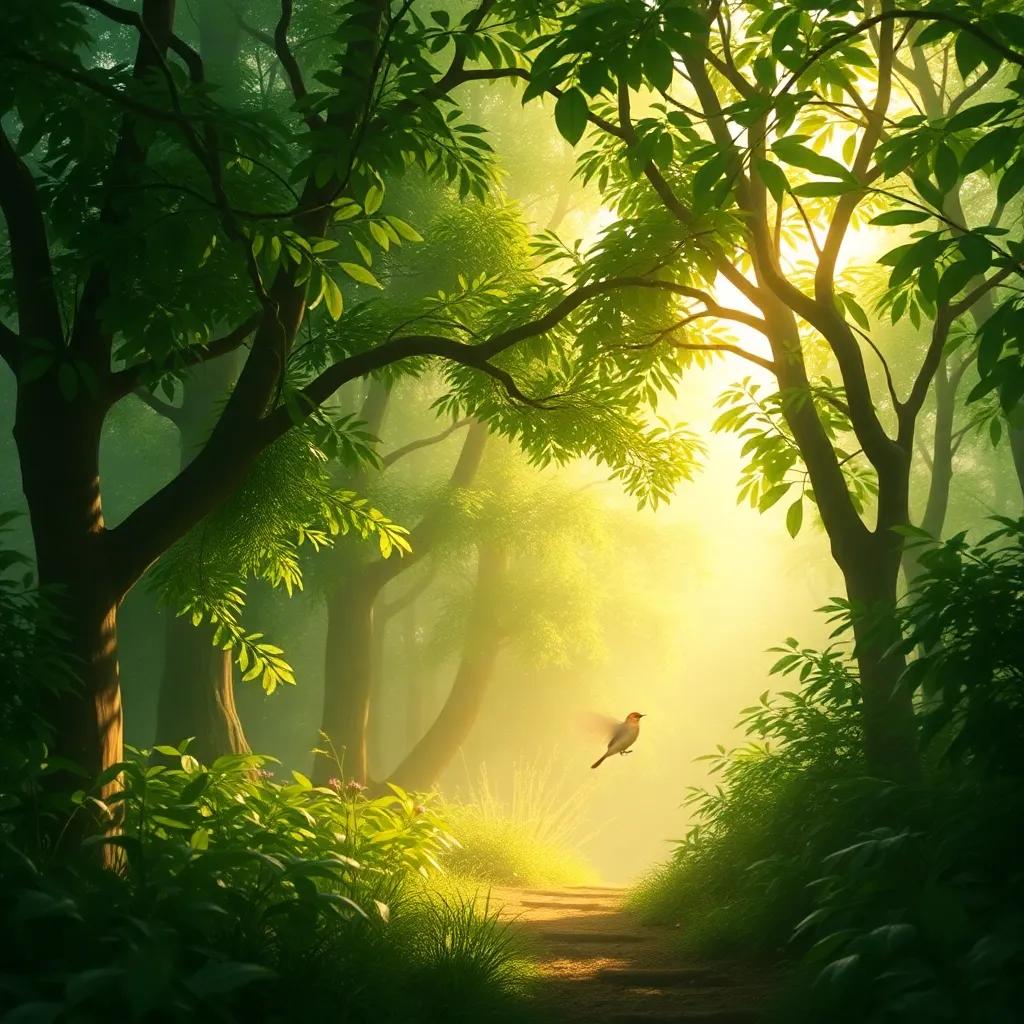 A lush green forest with soft lighting, slow-motion camera movement, gentle birds chirping, digital art, peaceful atmosphere, vibrant colors, high quality