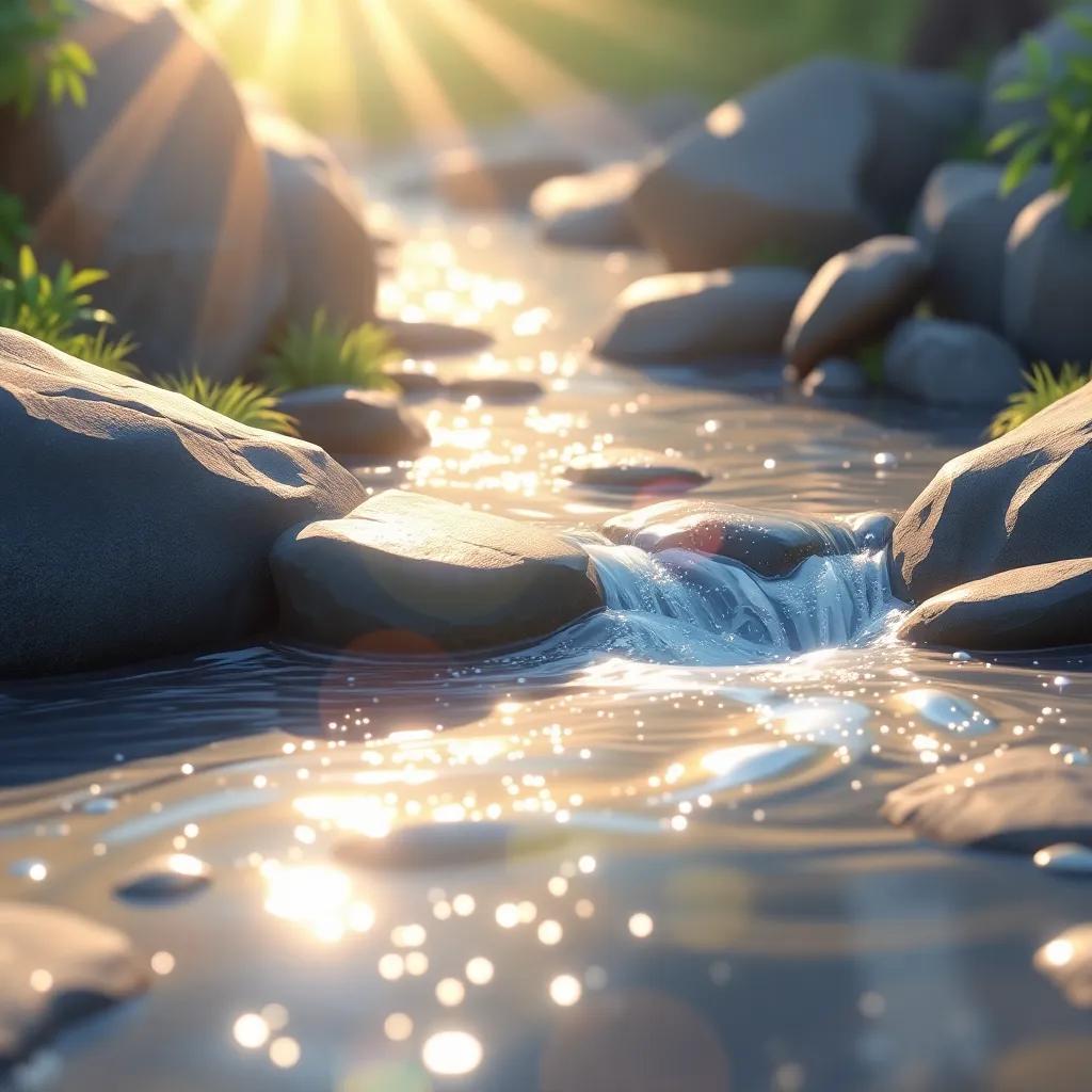 A sparkling stream reflecting sunlight, gentle sound of flowing water, cheerful scene, illustration, serene and tranquil, bright and lively