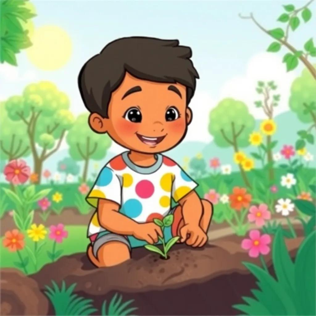 A cheerful boy, Samer, with short black hair and brown skin, wearing a colorful T-shirt and shorts, planting a small seed in a garden filled with flowers and trees, bright sunny day, illustration, vibrant colors, joyful atmosphere, child-friendly