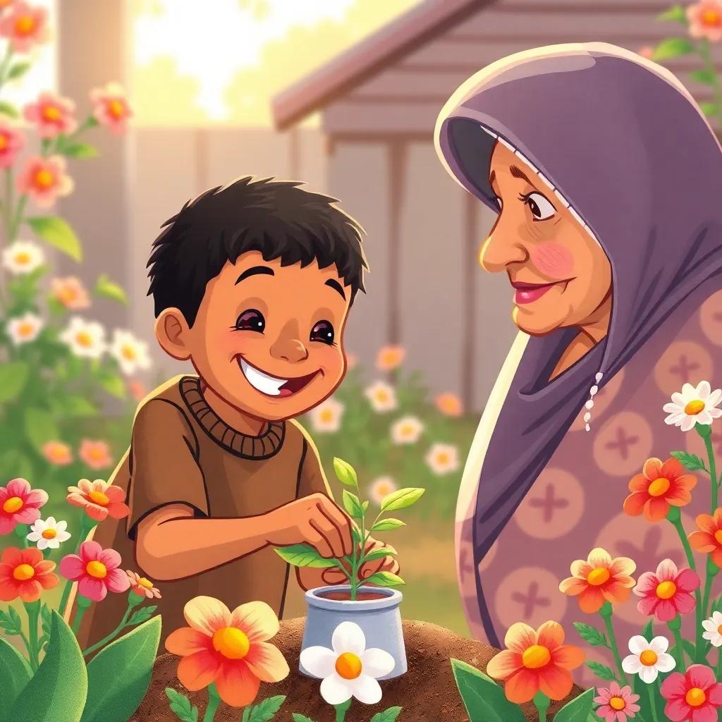 Samer, a cheerful boy with short black hair and brown skin, watering a small plant in the garden, surrounded by blooming flowers, smiling, and discussing with his grandmother, warm light, inviting feeling, child-friendly