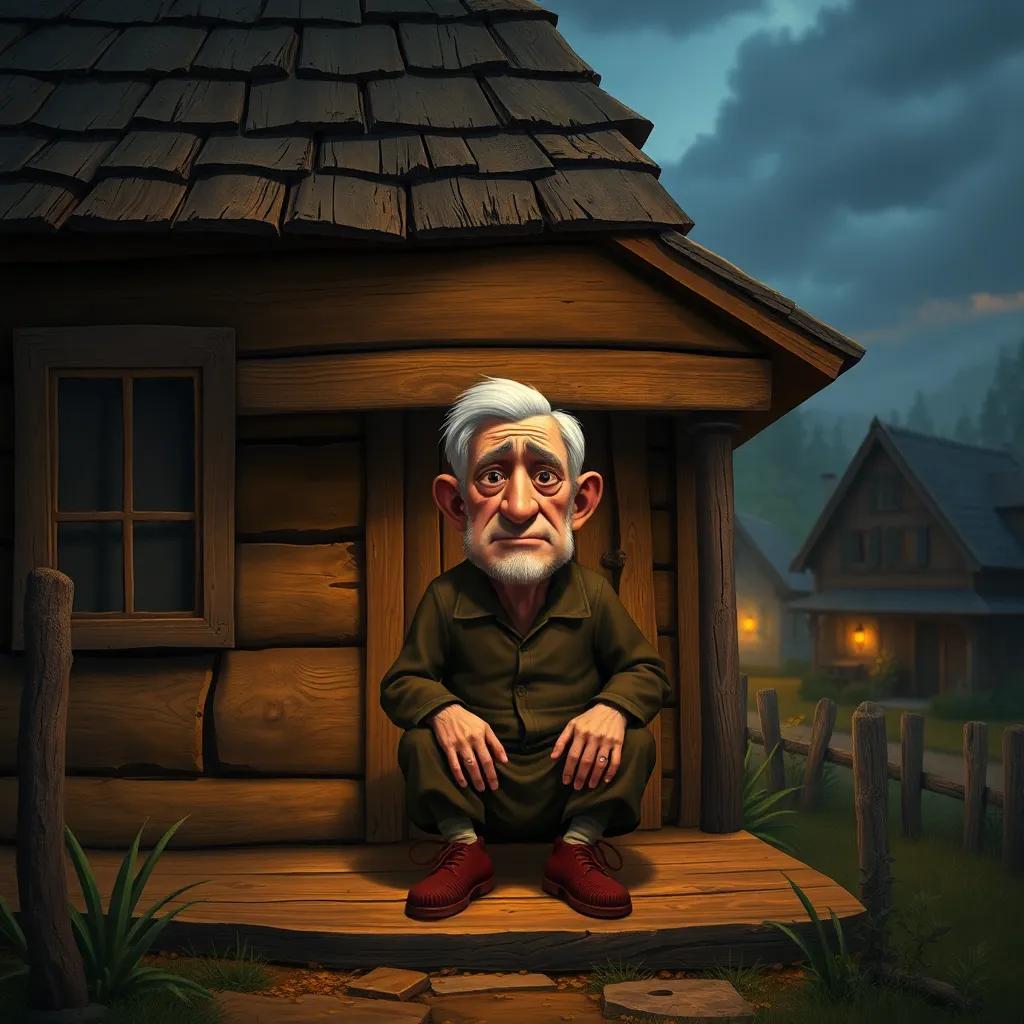 An elderly man, sitting on a porch of his old house, looking gloomy with a sad expression, surrounded by a small village, digital art, warm colors, nostalgic atmosphere, high quality