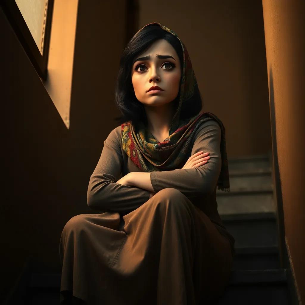 A sad Iraqi woman, Lamiss, with shoulder-length dark hair, wearing a traditional colorful hijab and a worn-out dress, sitting on the stairs of her home looking frustrated with her arms crossed, digital art, sad atmosphere, warm dim light, subdued colors, perspective from below, high quality
