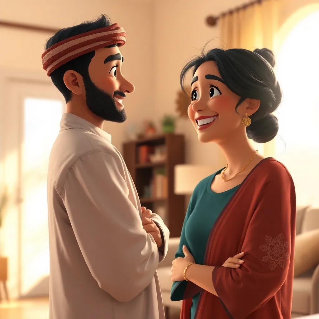 A scene depicting Lamiss's husband, looking determined and relieved, wearing a traditional Iraqi thobe, talking to a new kind woman who is smiling brightly, in a bright living room filled with light, digital art, hopeful atmosphere, vibrant colors, perspective from the side, high quality