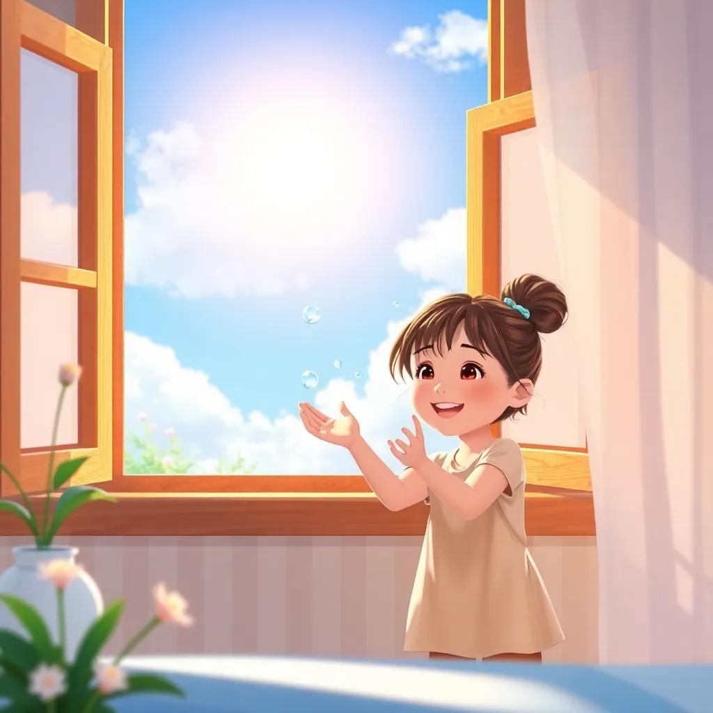 A beautiful morning scene with a clear sky, a cozy window view, and a little girl playing joyfully with water droplets, digital art, cheerful atmosphere, warm colors, inviting light, high quality