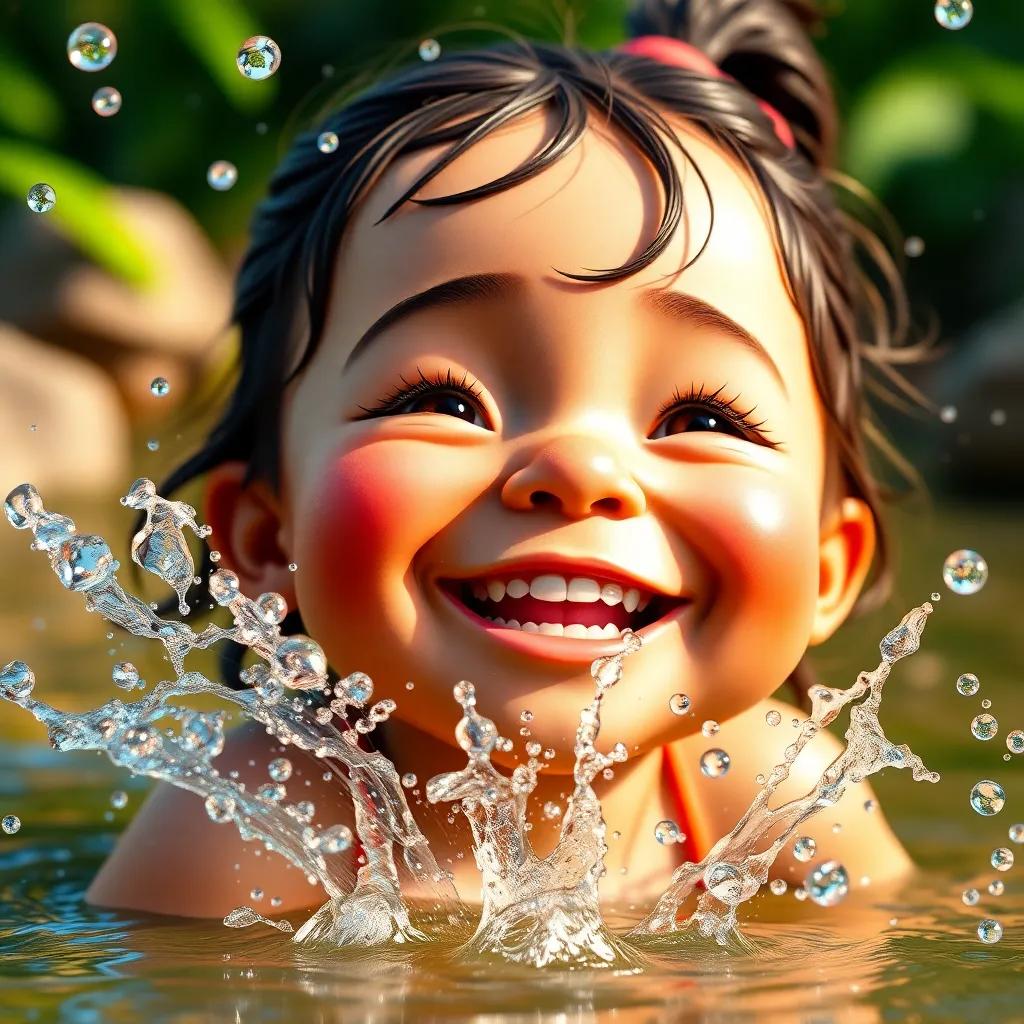 A joyful little girl playing with water splashes, her eyes sparkling with happiness, surrounded by nature, vibrant colors, close-up, child-friendly and imaginative, high quality