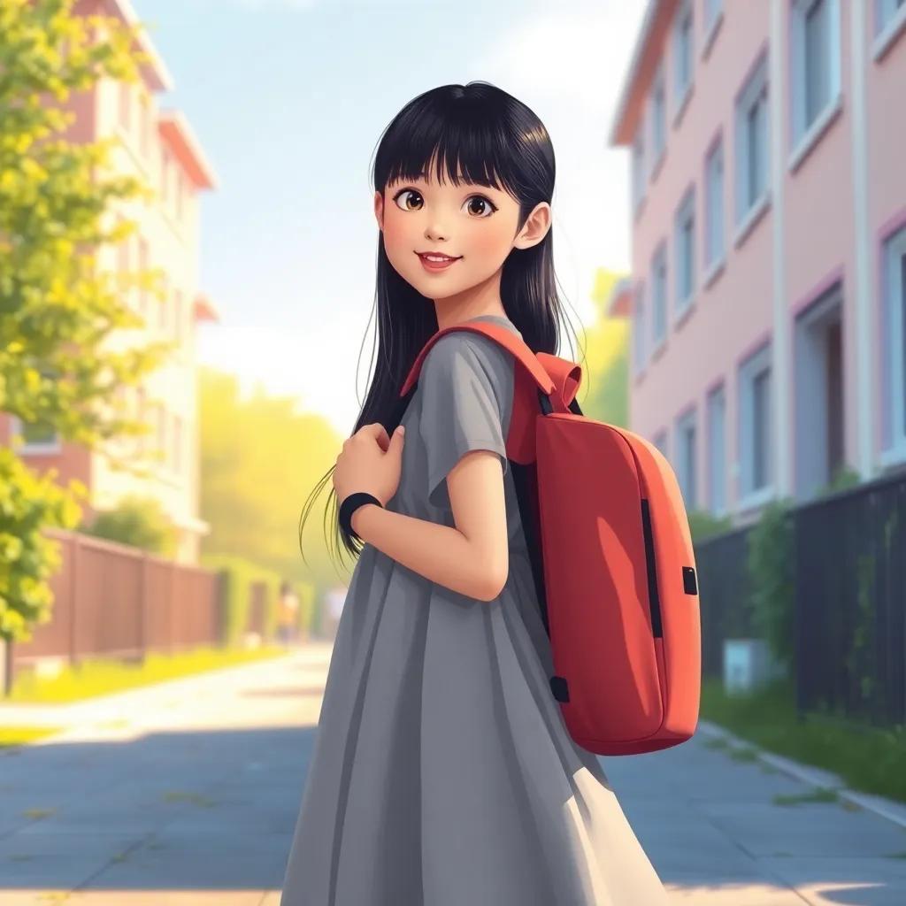 A young girl, Soad, with long black hair, wearing a simple school dress, walking towards her school carrying a heavy backpack, bright morning sun, cheerful atmosphere, vibrant colors, digital painting, high quality