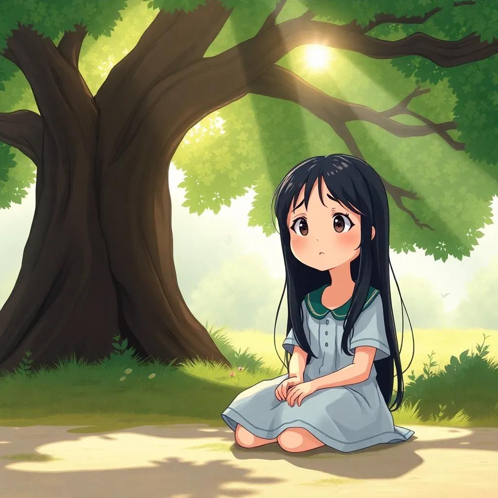 Soad, a young girl with long black hair in a simple school dress, sitting under a large tree, looking worried with the sun shining down, illustration, dreamlike, hopeful, colorful