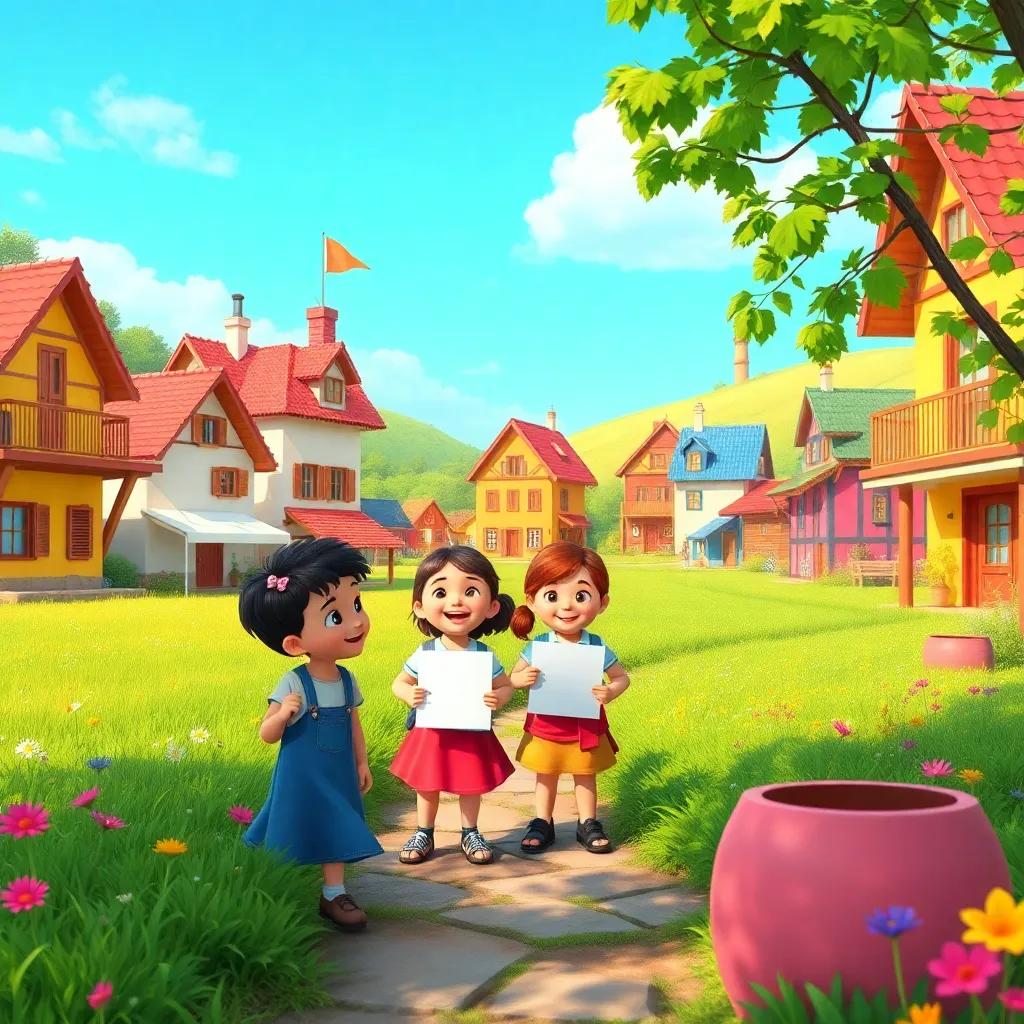 A beautiful village with colorful houses and green fields, showing joyful children talking about elections, bright colors, cheerful atmosphere, inviting, high quality