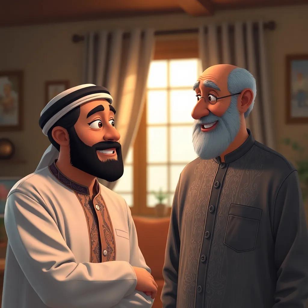 Said talking to his father, a kind Arab man with a beard, wearing a traditional shirt, explaining elections with enthusiasm, warm light, home interior, friendly vibe