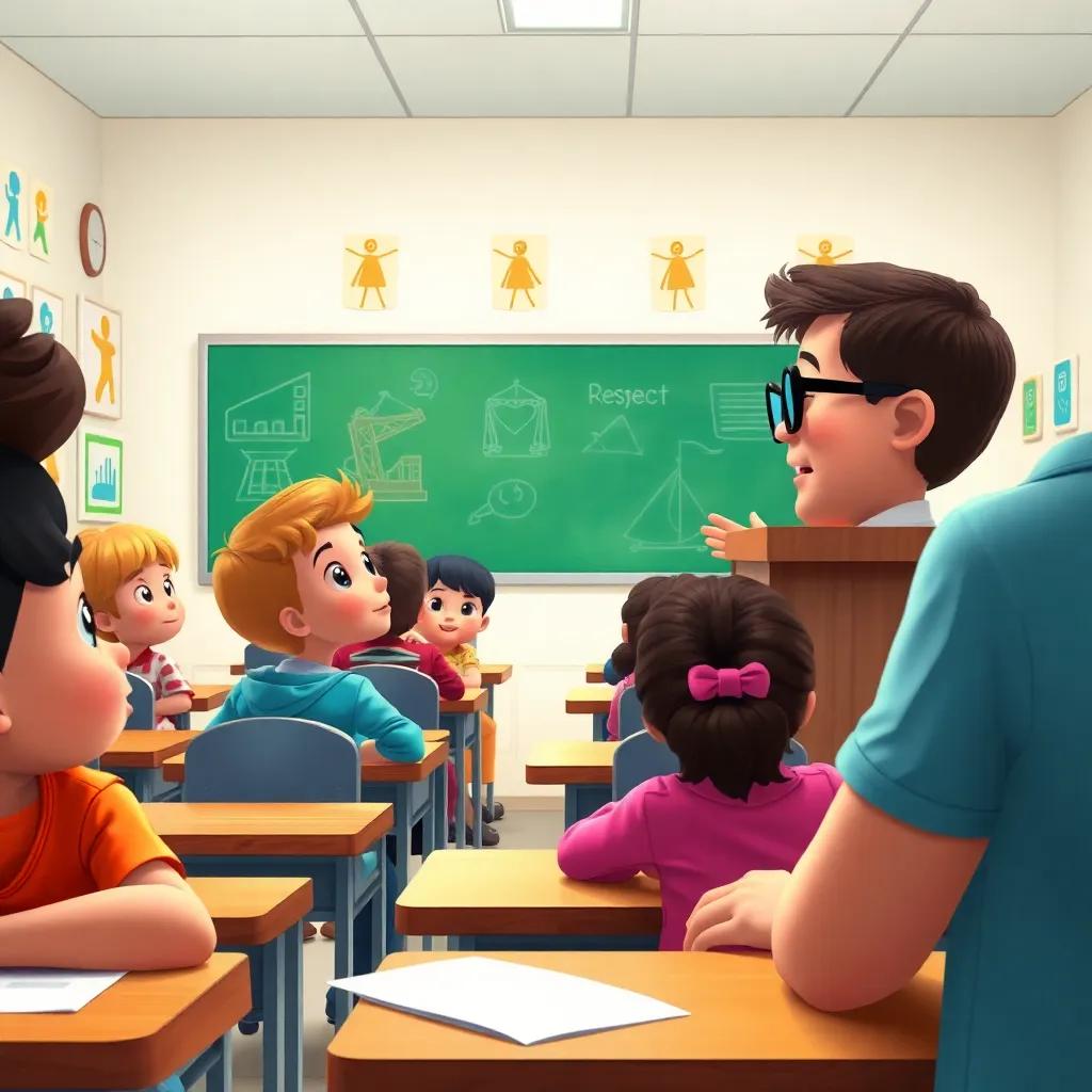 A classroom with children sitting at their desks, listening to a teacher with glasses, discussing justice and respect, colorful drawings on the walls, focused expressions, engaging art style