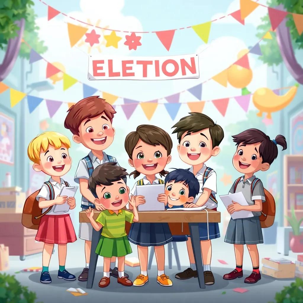 Children working together to prepare for a school election event, with banners and decorations around them, joyful teamwork, diverse backgrounds, vibrant colors, lively scene