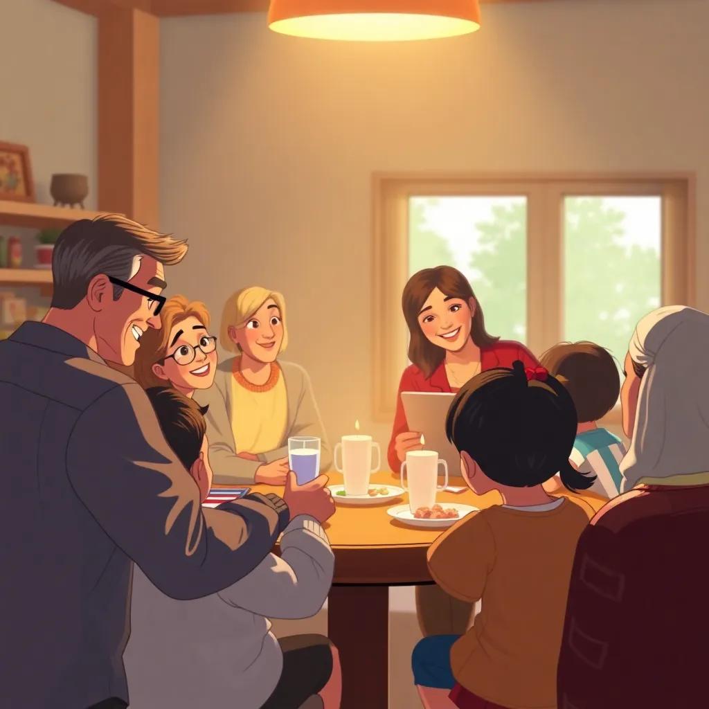 Families gathering around, discussing candidates vigorously, expression of cooperation, warm light, community spirit, illustration, inviting to family activities