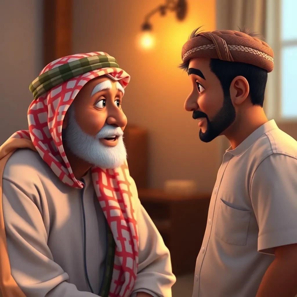 Said talking to his uncle, a wise Arab man wearing a traditional headscarf, discussing community cooperation, warm lighting, comforting atmosphere, bonding experience