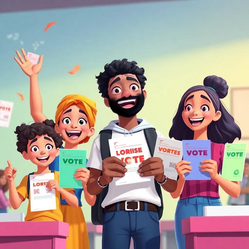 Said and his friends excitedly preparing to vote, holding colorful ballots and smiling, bright colors, joyful atmosphere, encouraging participation, engaging art style